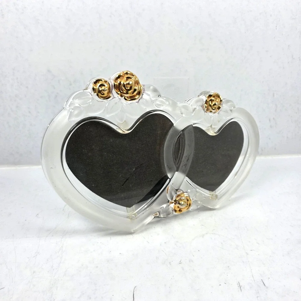 Vtg Mikasa Rosemont Double Heart Picture Frame Glass Crystal Gold Roses 7